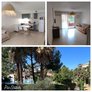 a collage of three pictures of a kitchen and a living room at Vacances détente in Canet-en-Roussillon