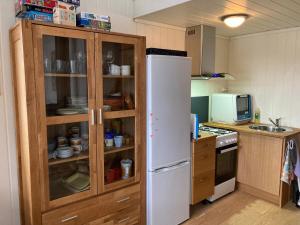 Una cocina con un refrigerador blanco y una estufa. en Sinesøyni in Byglandsfjord - Evje, en Bygland