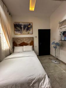 a bedroom with a white bed and a black door at Catchyhomes in Lekki