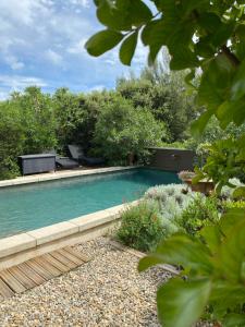 a swimming pool in the middle of a garden at LES SANTOLINES - Studio Retro in Aigaliers