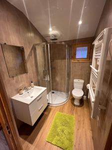 a bathroom with a shower and a sink and a toilet at Domki Letniskowe ARTEMI in Rowy