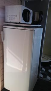 a microwave sitting on top of a white refrigerator at CHALET Les ALGUES in Plobannalec-Lesconil +12 photos