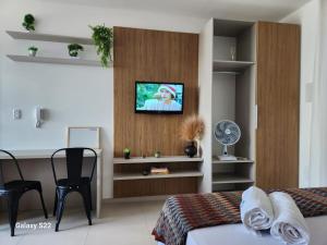 una camera da letto con TV a parete e scrivania di Studio 302 a 2,8 km da UFV, ar condicionado, vaga a Viçosa