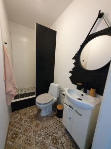 une salle de bain avec toilettes, lavabo et miroir dans l'établissement Metropolitan Apartment next to Presidential Palace, à Bratislava