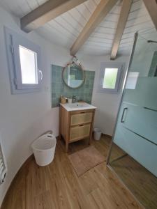 a bathroom with a sink and a mirror at Maison familiale à Barbâtre face à la dune, 3 chb, 2 SDB, 8 personnes in Barbâtre +17 photos