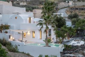 a white house with a swimming pool and a palm tree at Casa Luz in Pyrgos