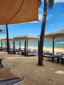 a beach with tables and straw umbrellas and the ocean at Cozy 1 bedroom Coastal Condo Beachside Bliss Near Golf & Adventure in Malindi