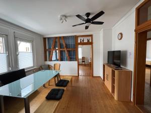 a living room with a glass table and a ceiling fan at 90qm 4-Zimmer-Wohnung - Apartment Friedrichstraße in Vaihingen an der Enz