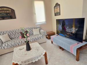 a living room with a couch and a tv at Villa Sea View in Chios
