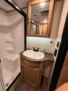 a small bathroom with a sink and a mirror at Luxury Lakeside Retreat - The Cozy Wondrous Weekendator in Lake Ariel