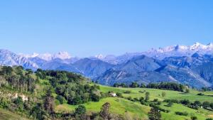 a green field with mountains in the background at La Casina de Labra in Cangas de Onís