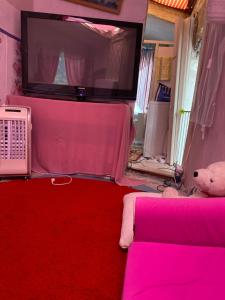 a pink room with a teddy bear sitting on a red rug at Maximum 4 szemely szamara! in Budaörs
