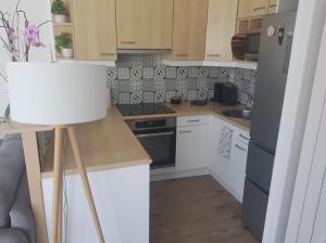 a kitchen with white cabinets and a black refrigerator at Mandelieubeach06 in Mandelieu-La Napoule