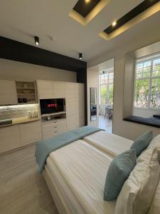 萨拉热窝Boulevard Apartments的一间大卧室,配有一张大床和一个厨房