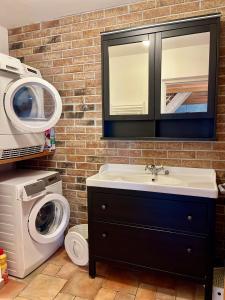 a bathroom with a sink and a washing machine at Chalupa Vale in Mohelno +11 photos