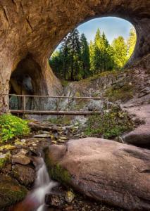 un puente sobre un arroyo con un puente sobre una cascada en Апартаменти Pamporovo Dream в Гранд Ризорт Пампорово, en Pamporovo