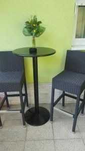 a table with a vase of flowers sitting between two chairs at Sobe Novi grad in Osijek