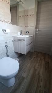 een badkamer met een toilet, een wastafel en een spiegel bij La casa di Rubin in Carloforte +15 foto's