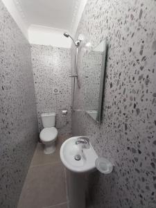 a bathroom with a white sink and a toilet at Eriks Rooms in Tirana