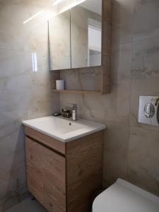 a bathroom with a sink and a mirror and a toilet at St Nickolas Guest House in Artemida +34 photos