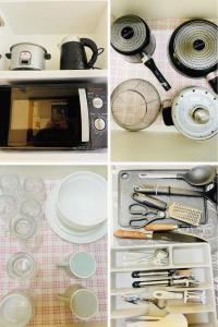 un collage de cuatro fotos de utensilios de cocina en Grey's Suite At Azure North Pampanga, en San Fernando
