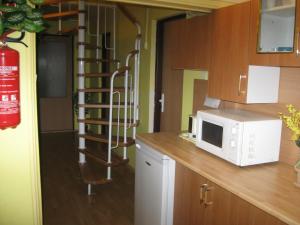a kitchen with a microwave and a spiral staircase at Penzion MIMA V Kováčovej in Kováčová