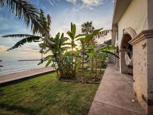 a house with palm trees next to the ocean at Casa Recuerdos in Guaymas