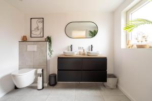WeiteveenにあるLuxe Hottub Huisje Bij het Veen op de rand van het Bargerveen Drentheの洗面台と鏡のあるバスルーム +18枚の写真