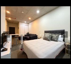 a bedroom with a large bed and a living room at Apartamento Vista 11 URBN Escalante in San José
