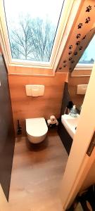 a bathroom with a toilet and a sink with a skylight at Hakuna Matata - Gemütlichkeit bei Oldenburg in Hatten +52 photos