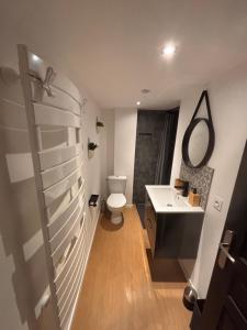 a bathroom with a toilet and a sink at Cinema room - Proche Auxerre in Vincelles