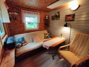 a living room with a couch and a table at Zielony domek na Kaszubach in Raduń