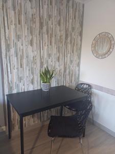 una mesa negra con una maceta y dos sillas en Studio calme proximité plage, en Saint-Laurent-du-Var