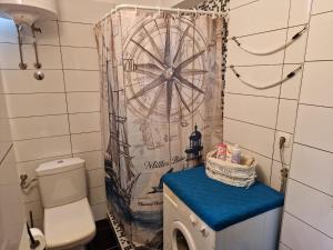 a bathroom with a wheel shower curtain and a washing machine at "Ivanera" Postira otok Brač in Postira +14 photos