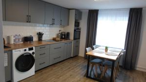 cocina con mesa y lavadora en Casa Gruia, en Ocna Sibiului
