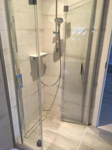 a shower with a glass door in a bathroom at Lakehouse in Brodowin in Chorin +23 photos