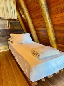 a bed in a room with wooden walls at Chalé amanhecer Serra do Rio do Rastro in Louro Müller
