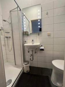 a bathroom with a shower and a sink and a mirror at Ferienwohnung Einzimmerappartement in Freilassing