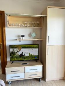een flatscreen-tv bovenop een houten entertainmentcentrum bij Apartamento NEPTUNO PLAYA in Peñíscola