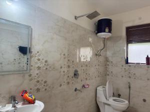 マナリにあるPeaceful Village Stayのトイレと洗面台付きのバスルーム