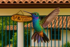 a colorful hummingbird perched on top of a fence at Rincón del Colibrí in La Vega