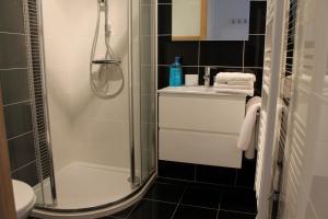 a bathroom with a shower and a sink at Le Jardin des Nosières, Gîte proche du Puy du Fou in Le Boupère