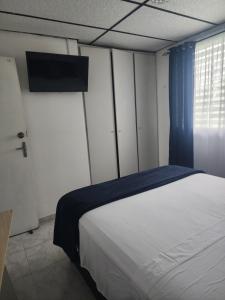 El QuijeHabitacion con sulay a 10 minutos del aeropuerto punta del este tocumen的一间卧室，墙上有一张床和一台电视