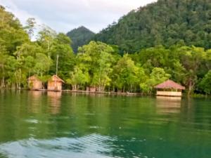 a view of a lake with trees and huts at Manyailov Homestay in Mantaak
