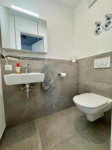 a bathroom with a white toilet and a sink at Moderne Wohnung 100 m2 mit Büro und Terrasse in Mühldorf
