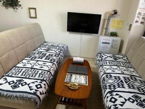 a living room with two couches and a coffee table at アンブローシア平岸 in Toyohira