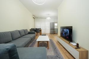 a living room with a couch and a tv at IZZY Apartments in Tirana
