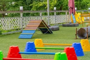 a playground with colorful play equipment on the grass at Chuncheon Puppy Day Dog Pension in Chuncheon