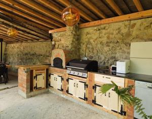 a kitchen with a stove and a stone wall at Casa din padure in Orşova