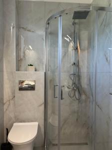 a bathroom with a glass shower with a toilet at Vista Verde Apartments in Sidari +34 photos